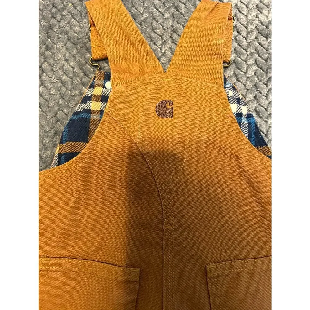 Carhartt Canvas Bib Overalls Youth Kids 18M Brown Flannel Lined Adjustable Strap